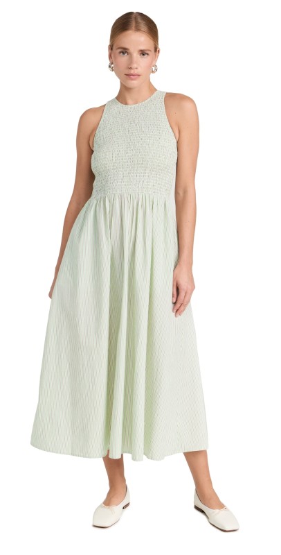 Madewell Smocked Sleeveless Midi Dress in Stripe Pistachio Stripe