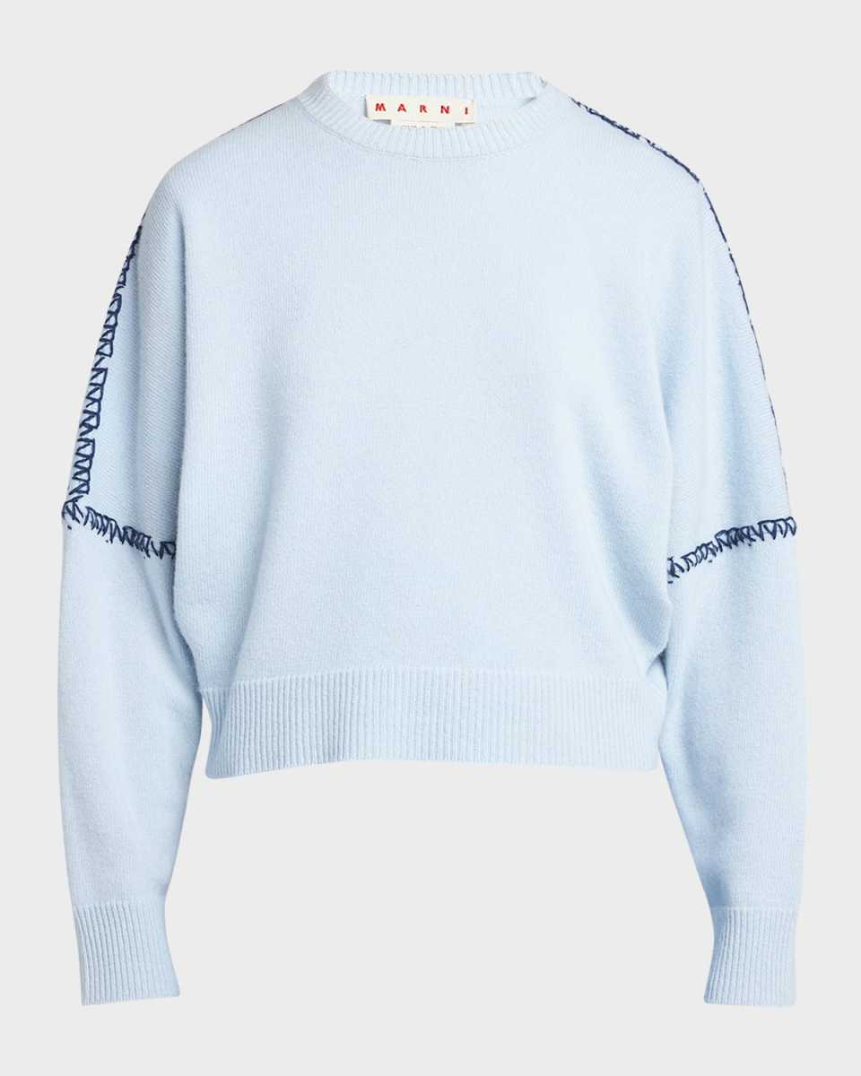 Hand-Embroidered Crewneck Crop Wool-Cashmere Sweater