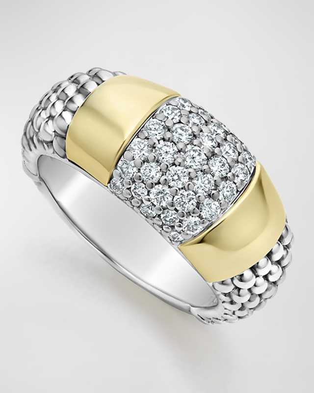 Diamond and Smooth Station Ring in 18K Gold with Sterling Silver Caviar Beading