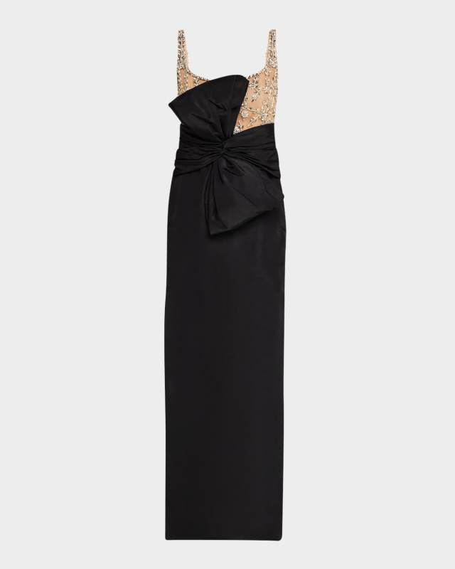 Crystal Embroidered Bow-Drape Faille Gown