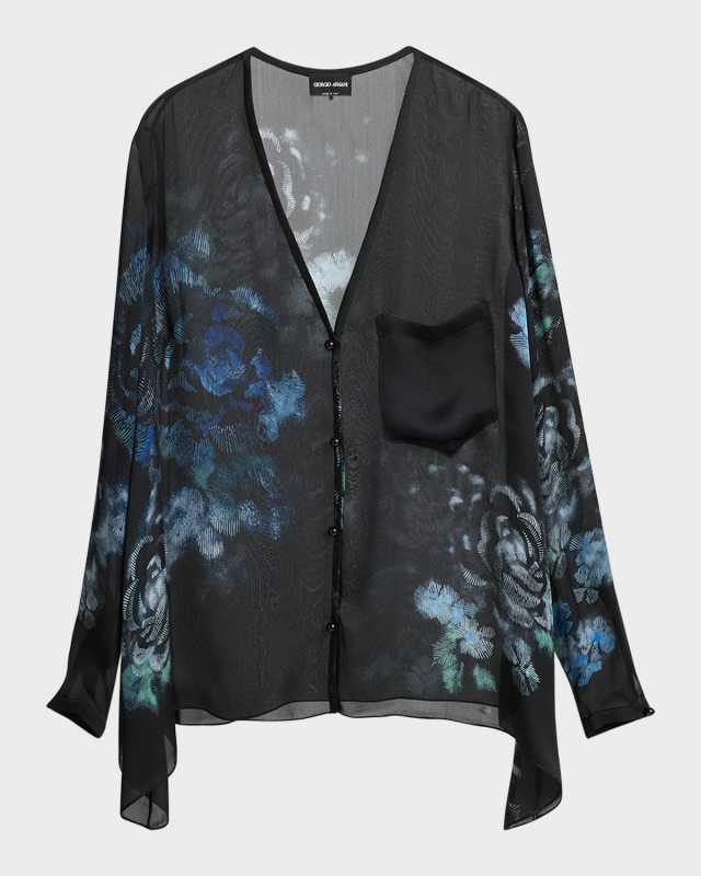 Sheer Floral Print Silk Blouse