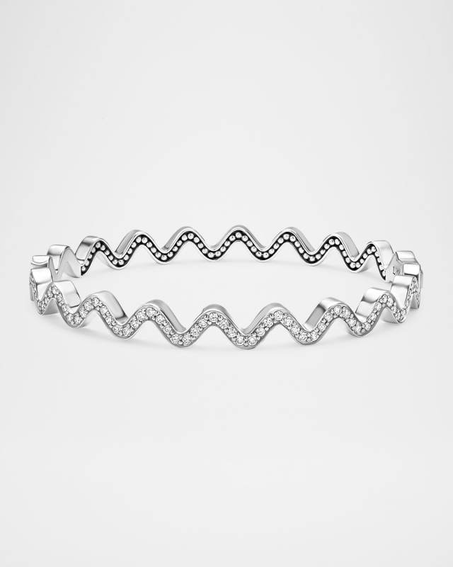 Sterling Silver Caviar Spark Diamond Wave Hinged Bangle Bracelet