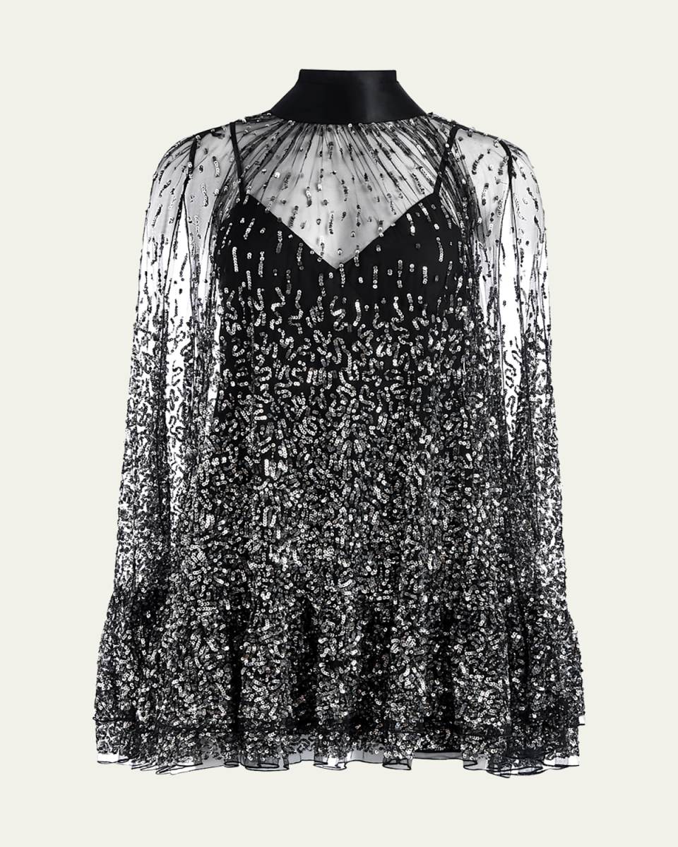 Zenon Embellished Tie-Neck Cape Mini Dress