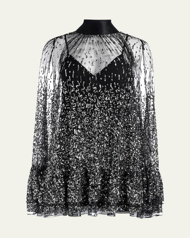 Zenon Embellished Tie-Neck Cape Mini Dress