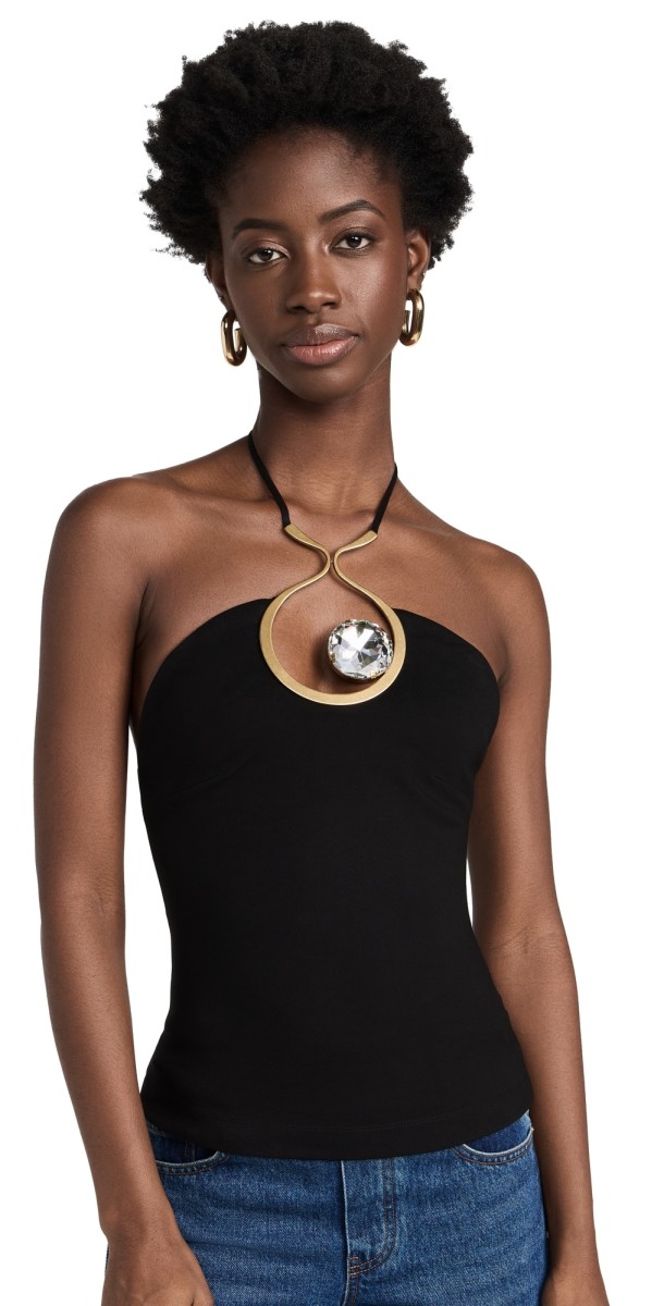 AREA Crystal Eyelet Halter Top Black