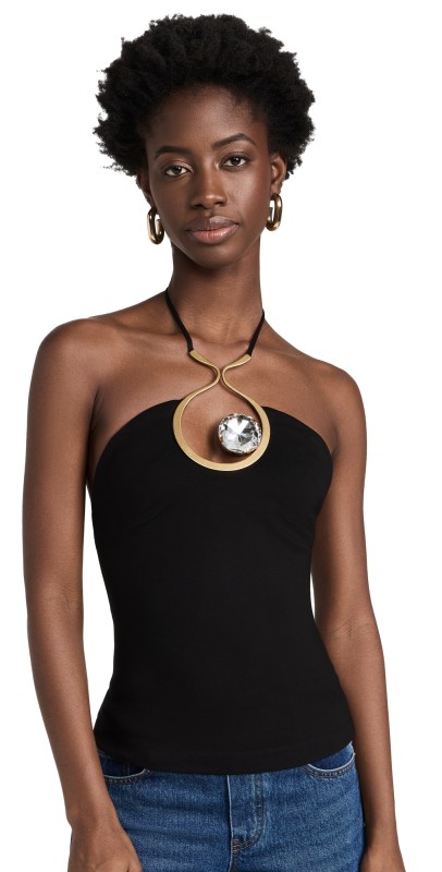 AREA Crystal Eyelet Halter Top Black