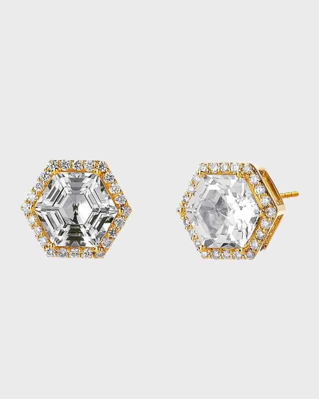 18k Yellow Gold Rock Crystal Diamond Stud Earrings