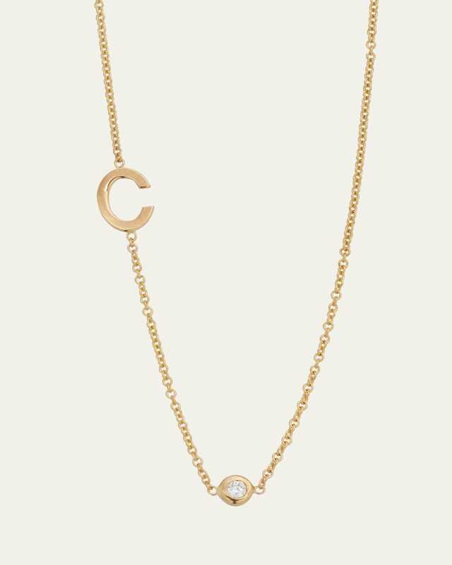 14K Gold Asymmetrical Initial and Bezel Diamond Necklace, 16-18"L