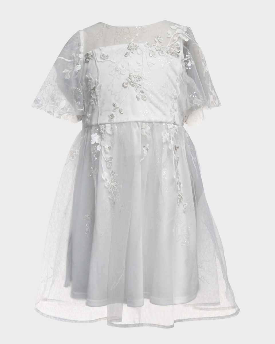 Girl's Embroidered Sequined Illusion Yoke Dress, Size 6-7