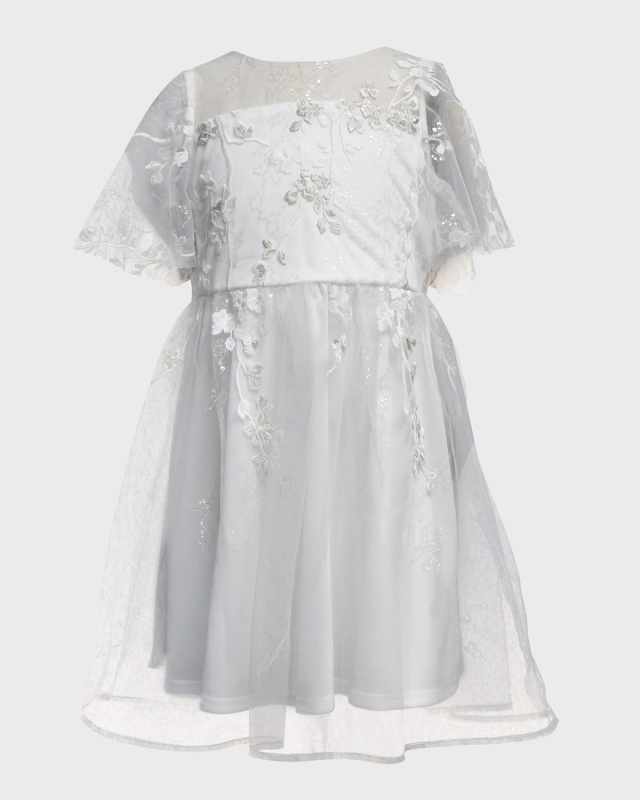Girl's Embroidered Sequined Illusion Yoke Dress, Size 6-7