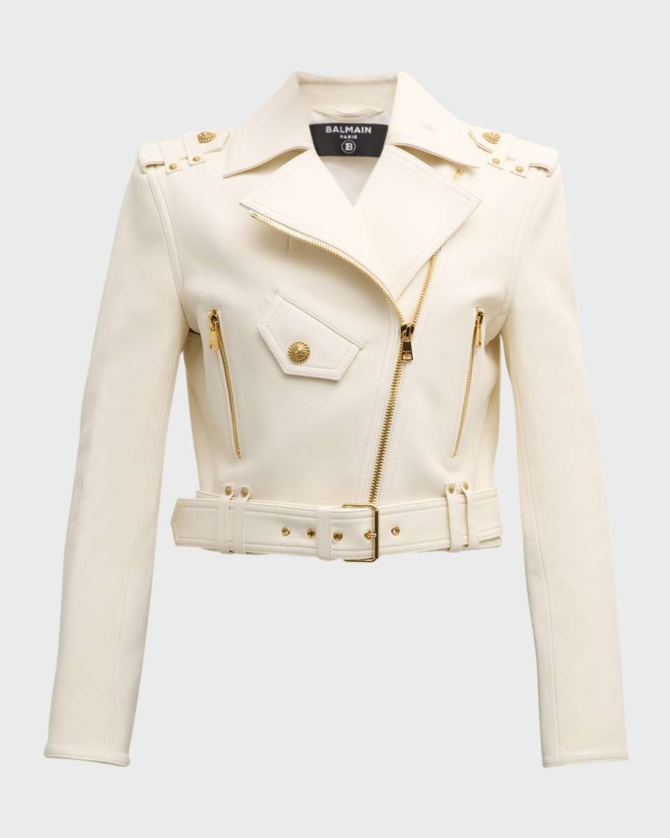 Cropped Leather Moto Jacket with Belt