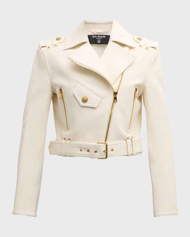Cropped Leather Moto Jacket with Belt