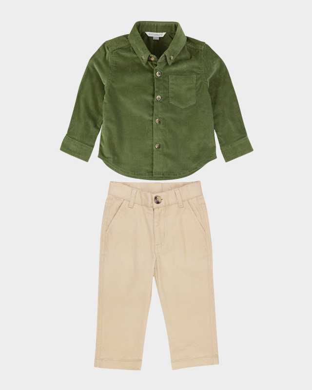 Boy's Dusty Olive Corduroy Shirt & Chino Pants Set, Size 3M-8