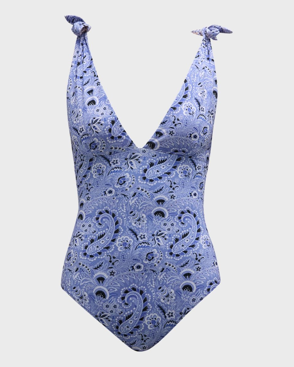 Paisley-Printed V-Neck One-Piece Swimsuit