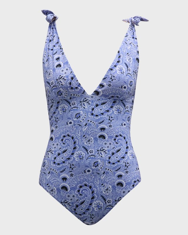 Paisley-Printed V-Neck One-Piece Swimsuit