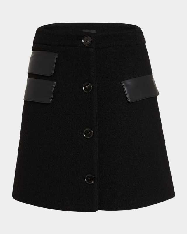 Mei Faux Leather Pocket Button-Front Wool Mini Skirt