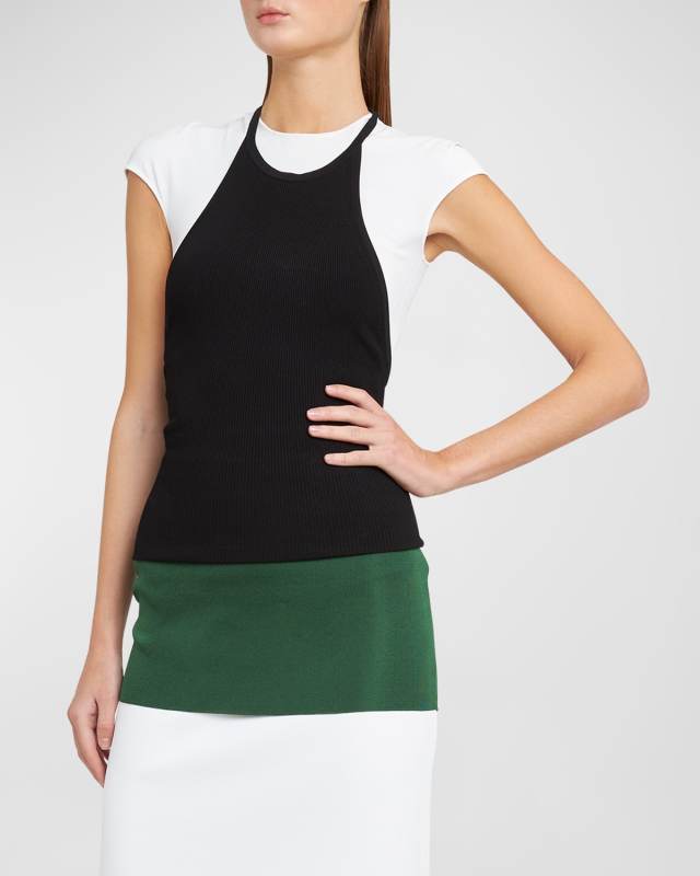 Colorblock Layered Cap-Sleeve Midi Dress