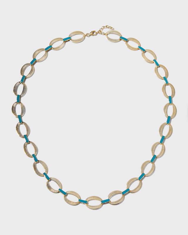 Yellow Gold Full Chunky Chain Necklace with Blue Enamel
