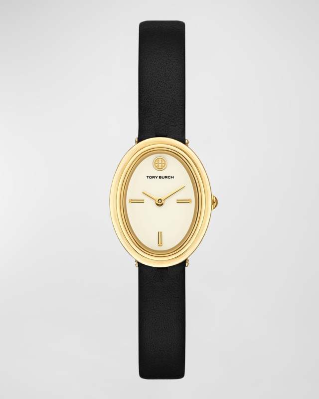 Oval Gold-Tone Stainless Steel Black Leather Watch