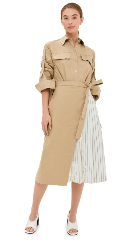 3.1 Phillip Lim Wrap Shirt Dress With Pleated Poplin Combo Khaki