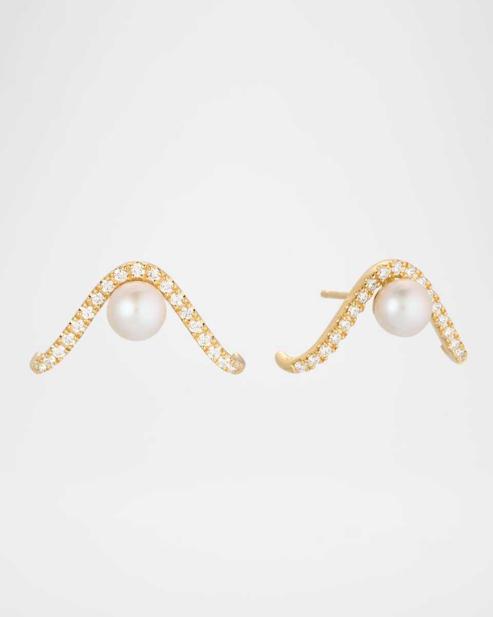 14K Yellow Gold Diamond and Freshwater Pearl Earrings, 5mm