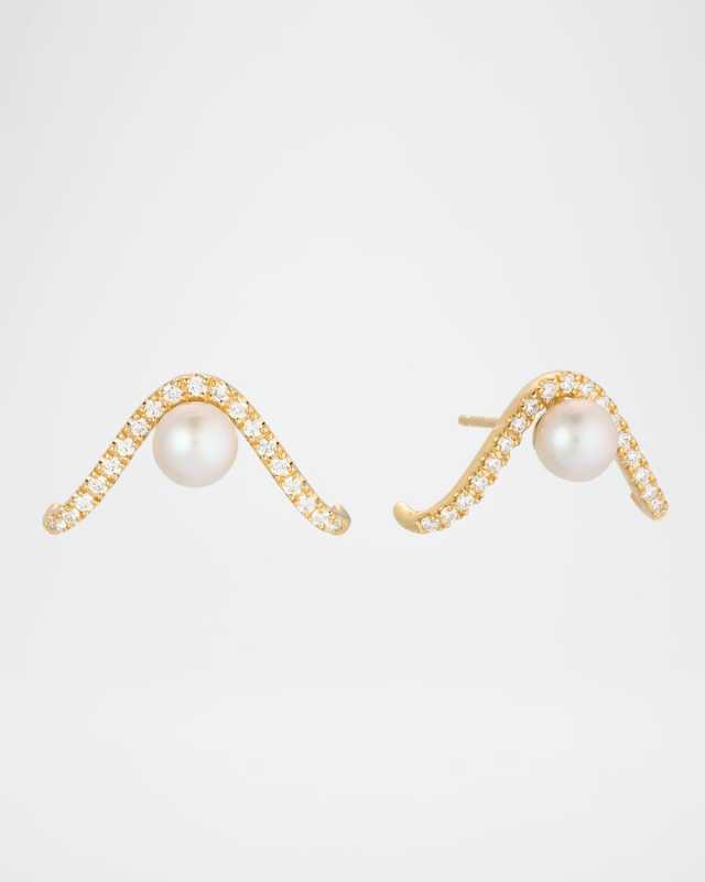 14K Yellow Gold Diamond and Freshwater Pearl Earrings, 5mm