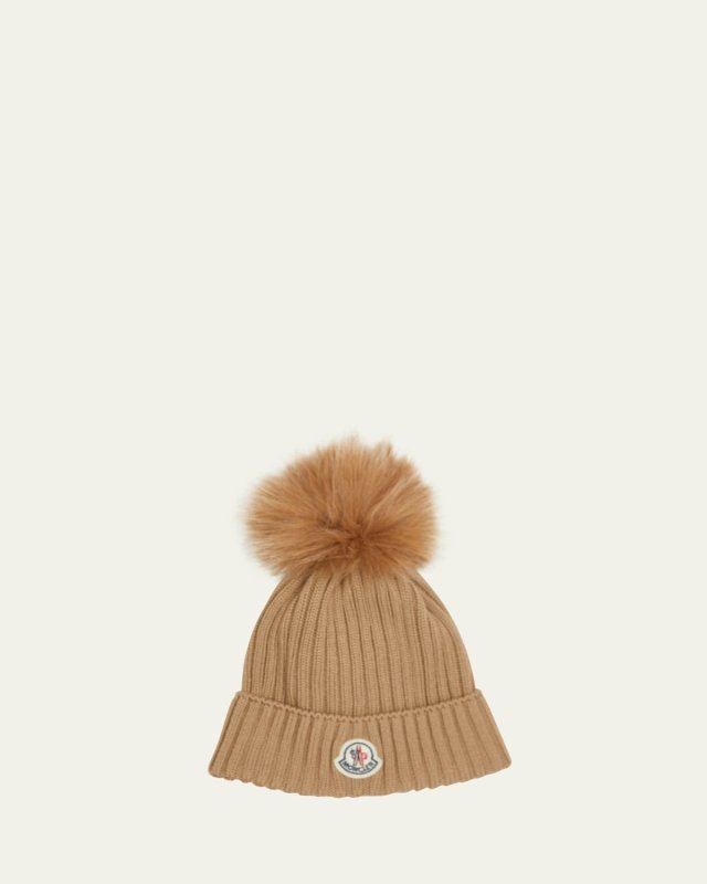 Ribbed Wool Beanie W/ Faux Fur Pom, Size S-L