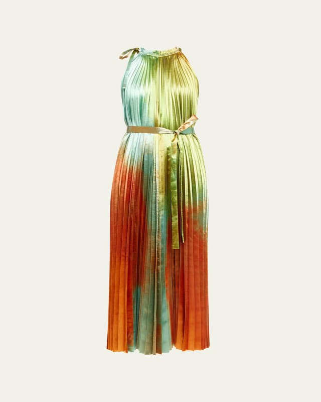 Amiko Ombre Satin Sleeveless Halter Midi Dress