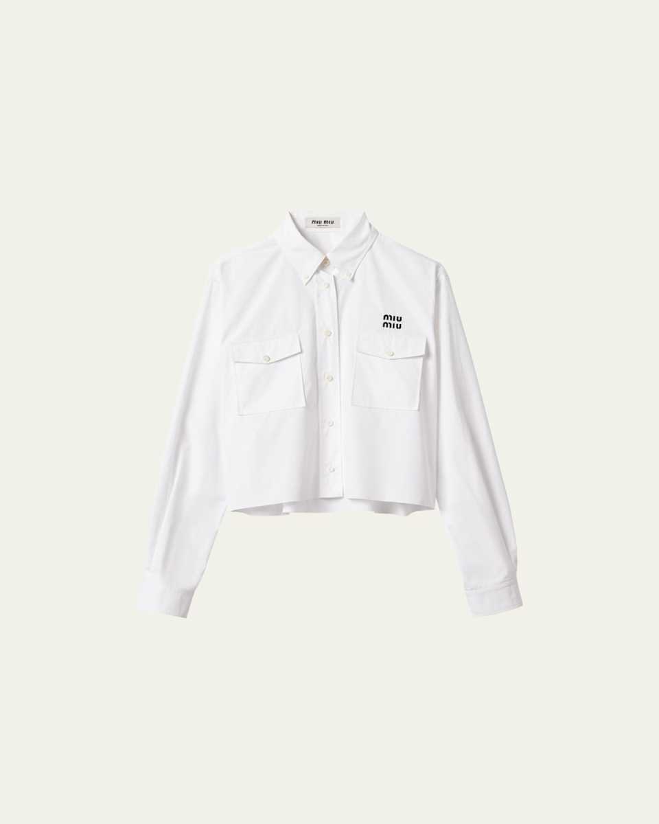 Logo Embroidered Poplin Crop Collared Shirt