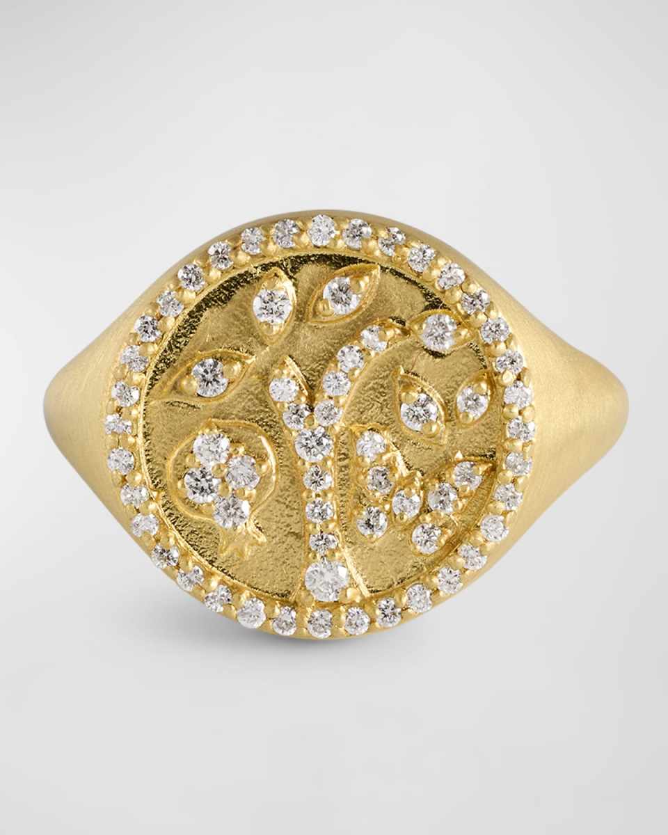 18k Yellow Gold Diamond Tree of Life Signet Ring, Size 6.5
