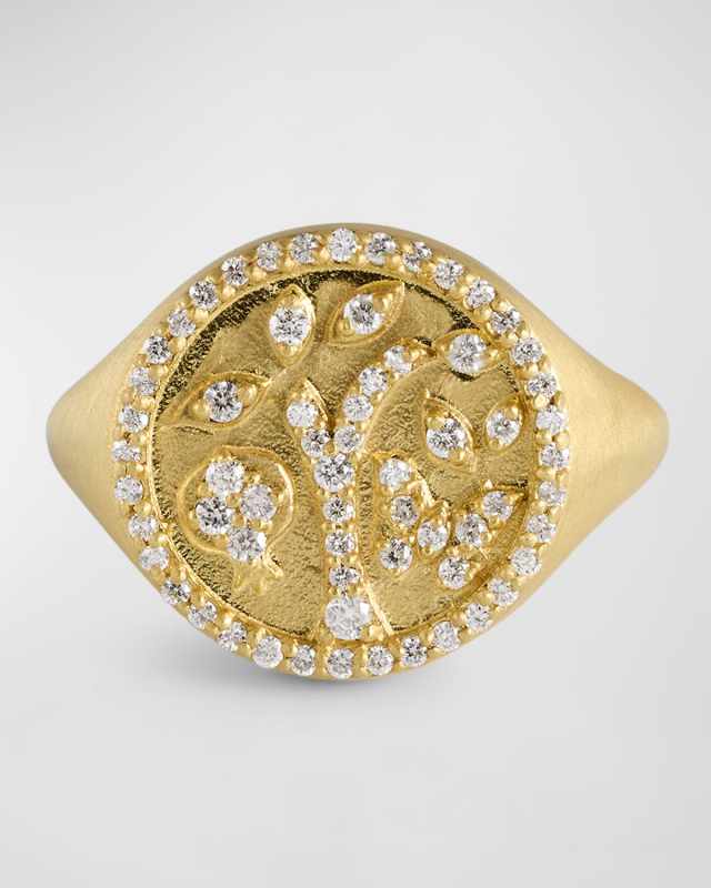 18k Yellow Gold Diamond Tree of Life Signet Ring, Size 6.5
