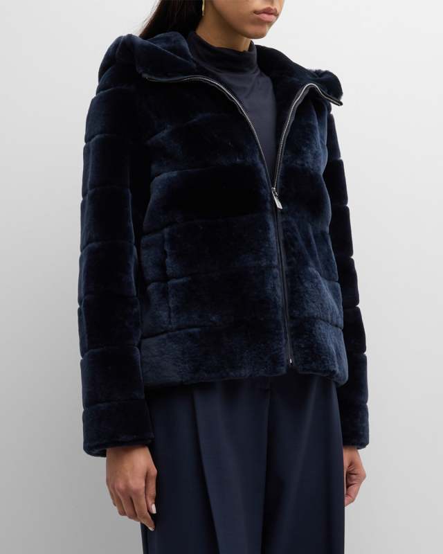 Horizontal Lamb Shearling Hooded Zip Jacket