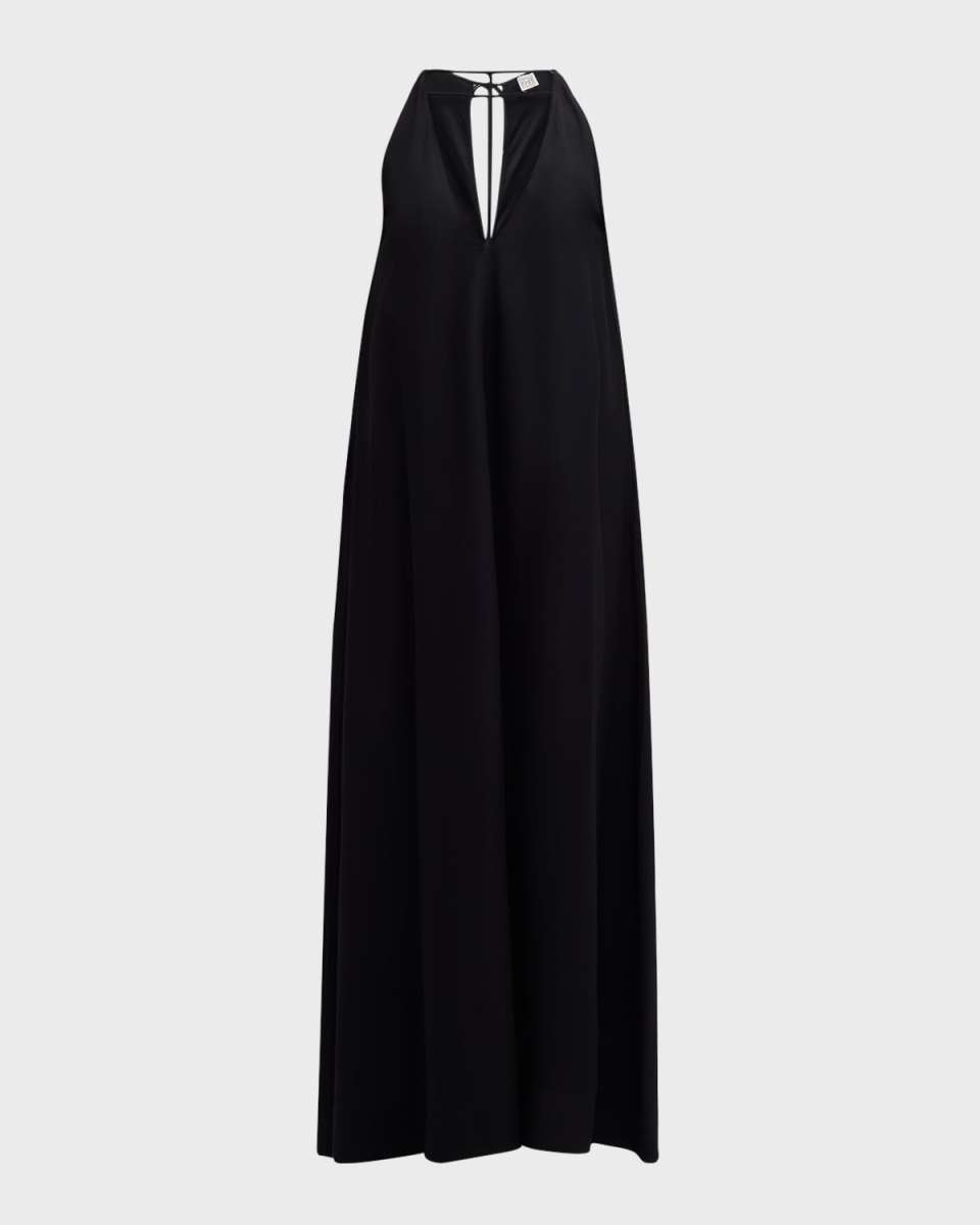 T-Strap Plunging Satin-Back Crepe Maxi Dress