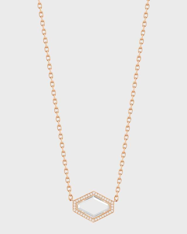 Bell Rose Gold Rock Crystal Hexagonal East-West Necklace with Diamond Border