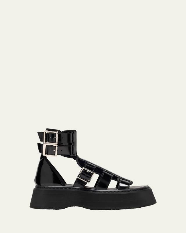 Glossy Leather Buckle Cuff Sandals