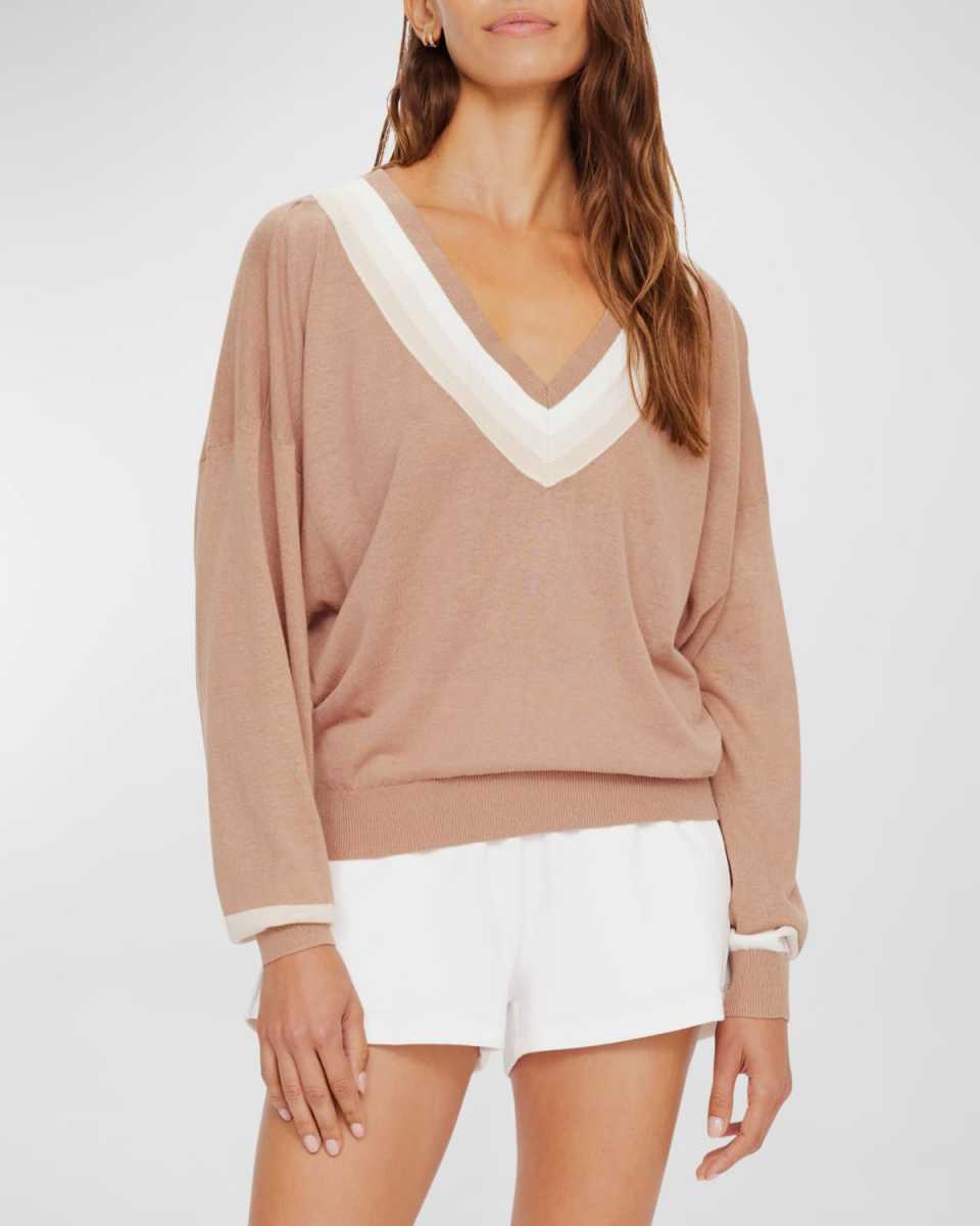 Bonita Linen Cotton Stripe Knit V-Neck Sweater