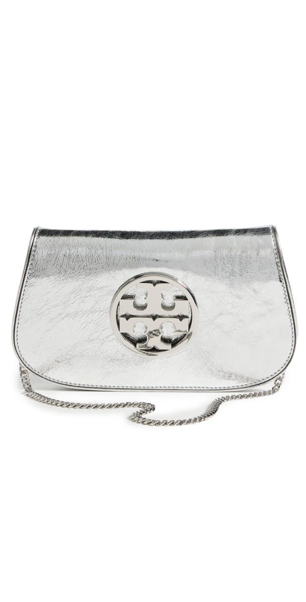 Tory Burch Reva Metallic Clutch Silver