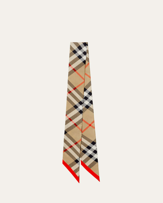 Red Check Print Silk Twill Skinny Scarf