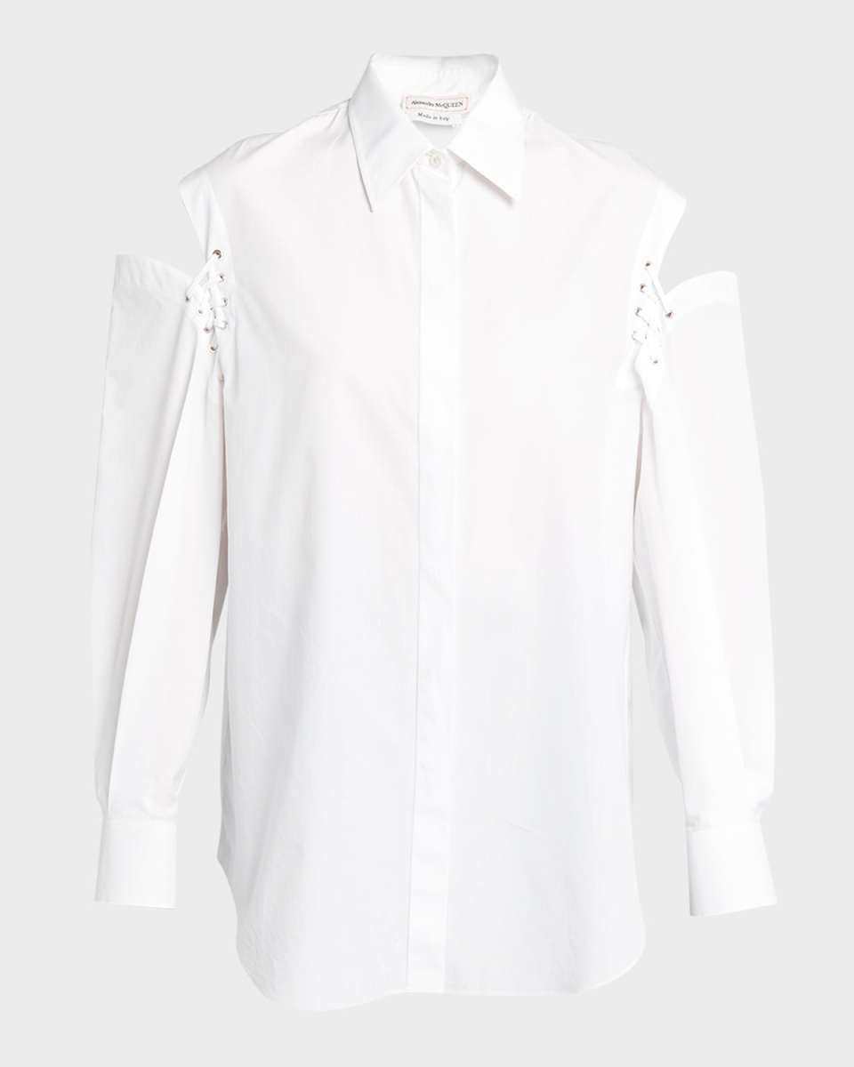 Button-Front Blouse with Lace-Up Sleeve Details