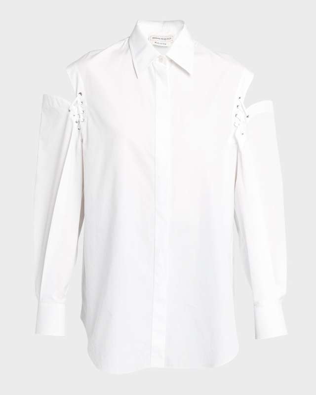 Button-Front Blouse with Lace-Up Sleeve Details