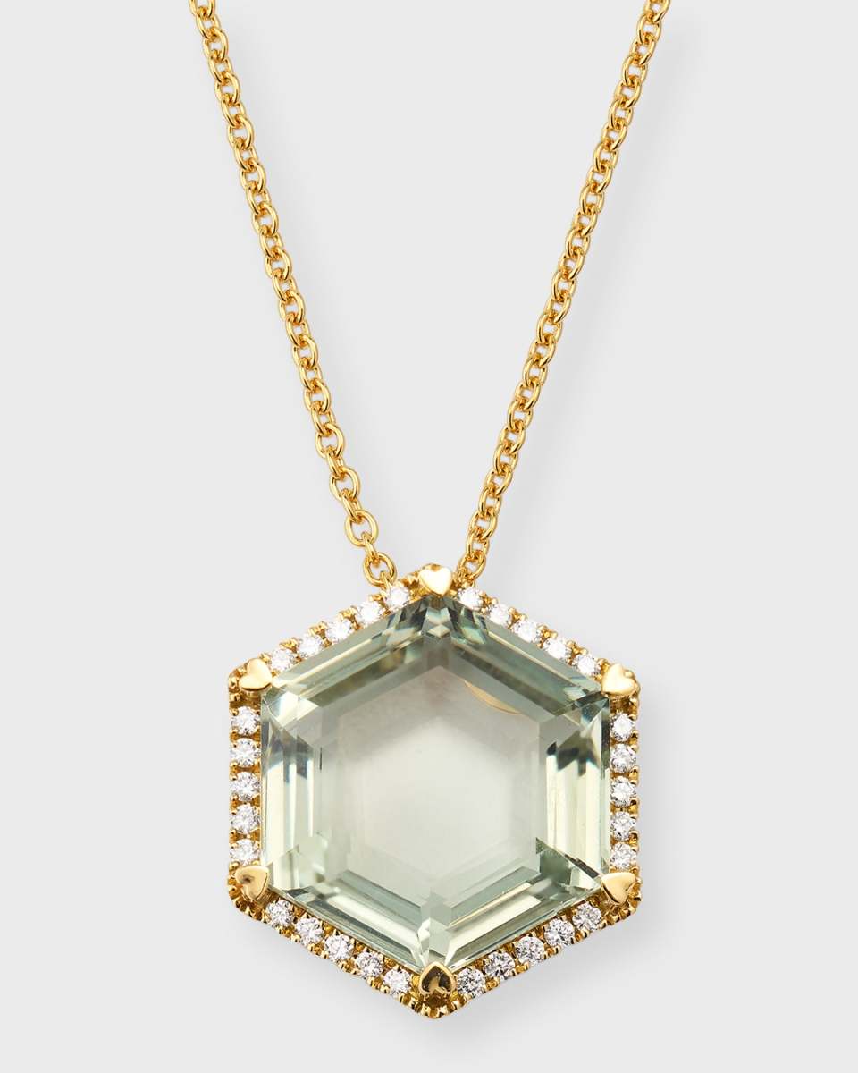 Rocks 18K Yellow Gold Green Quartz Hexagon and Diamond Halo Pendant Necklace