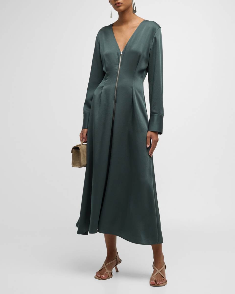 Zip-Front Long-Sleeve Midi Dress