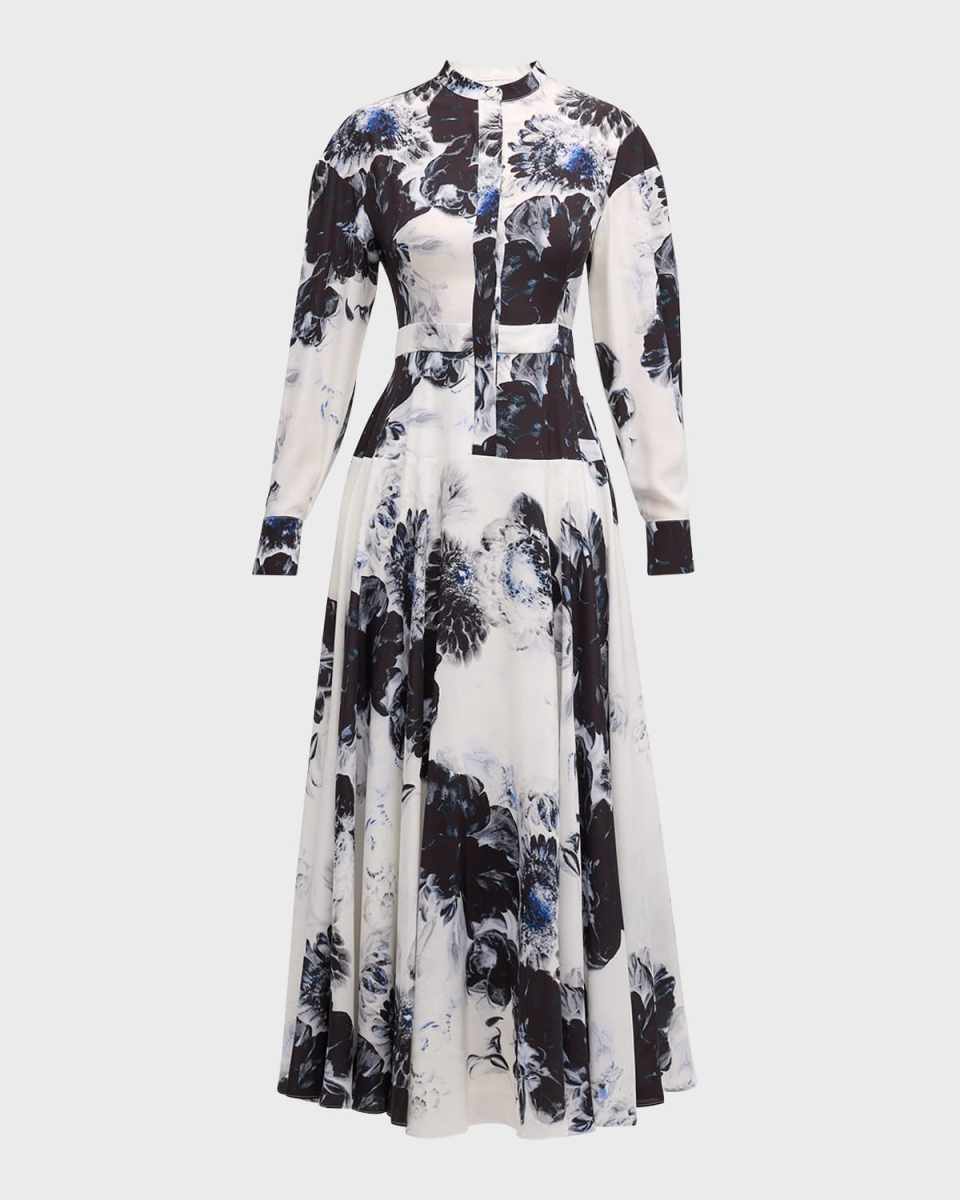Chiaro-Print Pleated Drop-Waist Midi Shirtdress