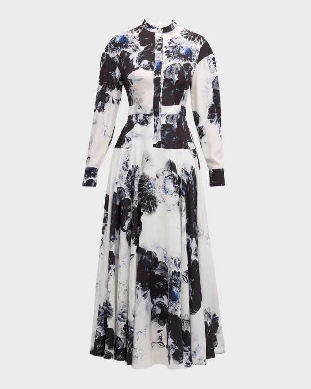 Chiaro-Print Pleated Drop-Waist Midi Shirtdress