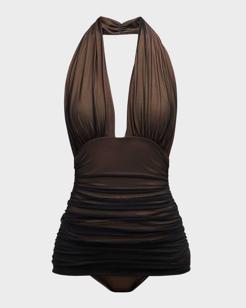 Bill Ruched-Mesh Halter Maillot Swimsuit