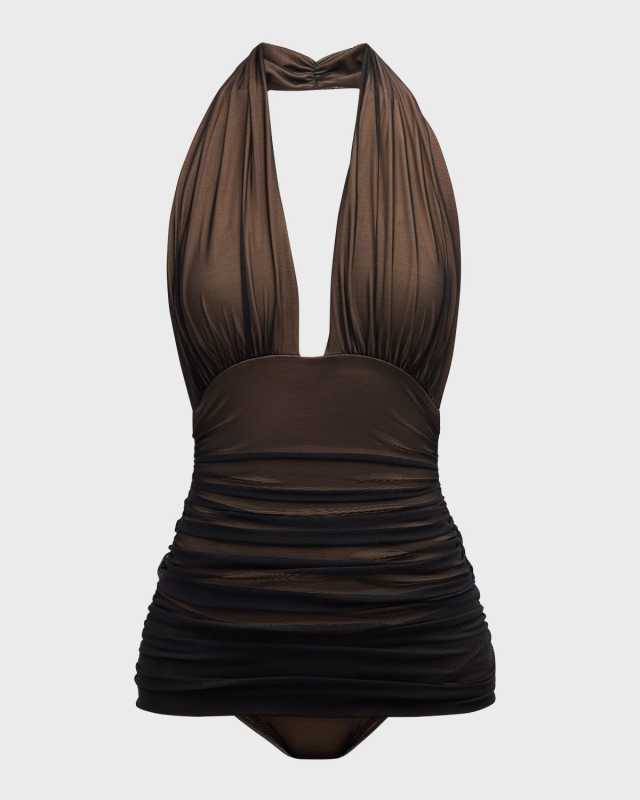 Bill Ruched-Mesh Halter Maillot Swimsuit