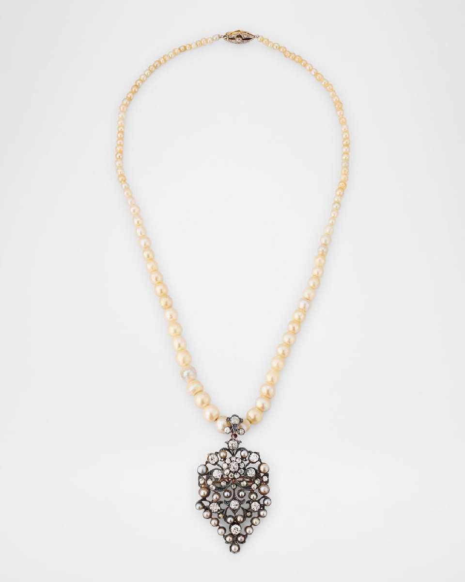 Estate 14K Yellow Gold Natural Pearl Pendant Necklace with Diamonds, 20"