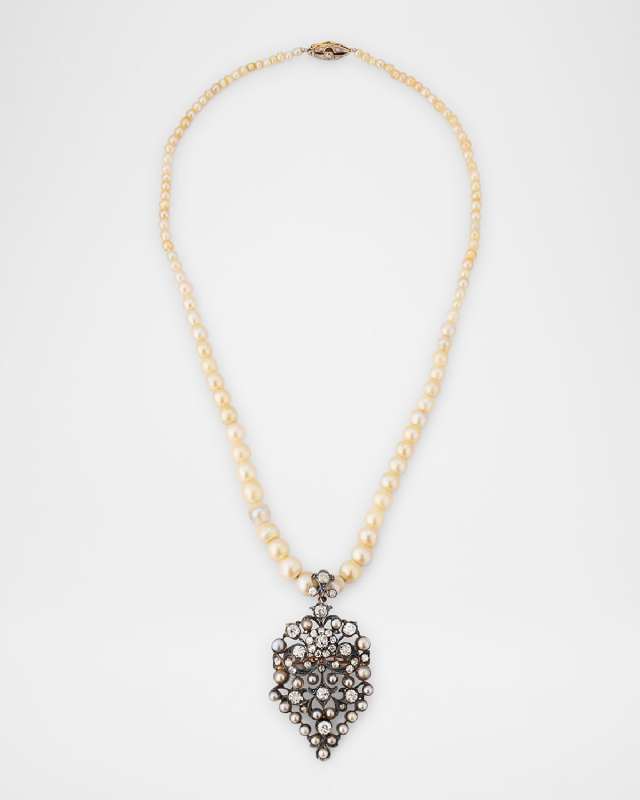 Estate 14K Yellow Gold Natural Pearl Pendant Necklace with Diamonds, 20"