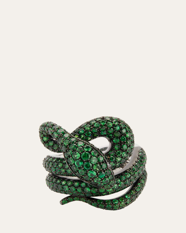 18k White Gold Green Ring from the Snake Collection, Size