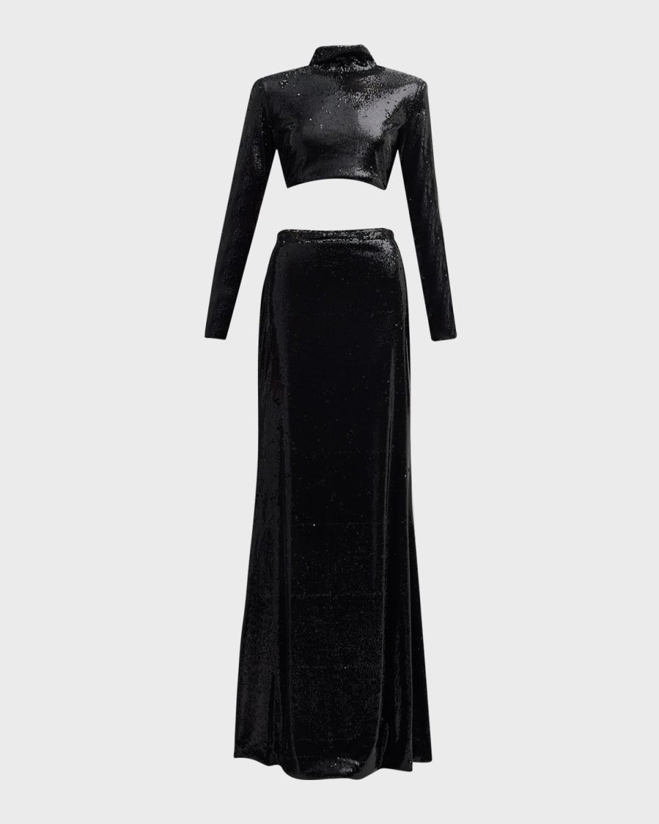 Two-Piece Mock-Neck Long-Sleeve Sequined Gown